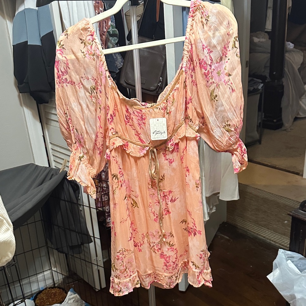 Free People Peach Floral Puff-Sleeve Tunic